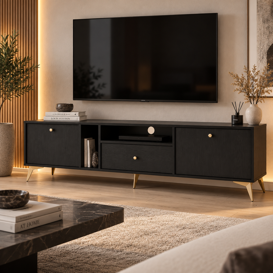Meuble TV LUCCA 2 portes 1 tiroir 180 cm – Noir graphite – studio nuveria