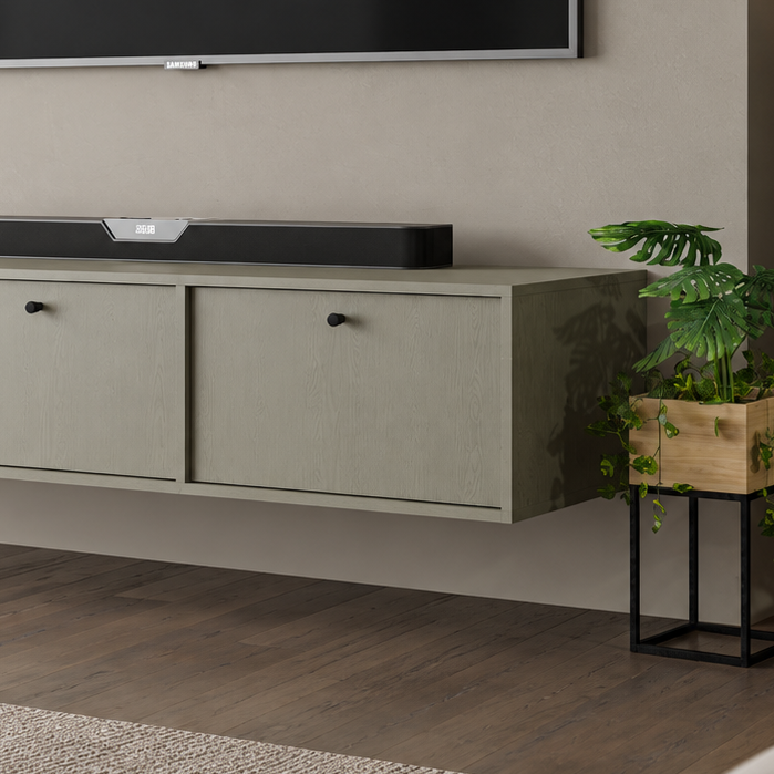 Meuble TV suspendu SORA 3 portes 180 cm – Vert eucalyptus – studio nuveria