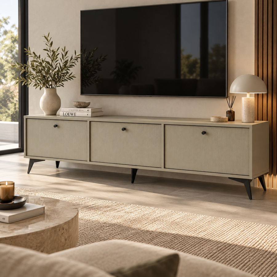 Meuble TV LUCCA 3 portes 180 cm – Vert eucalyptus – studio nuveria