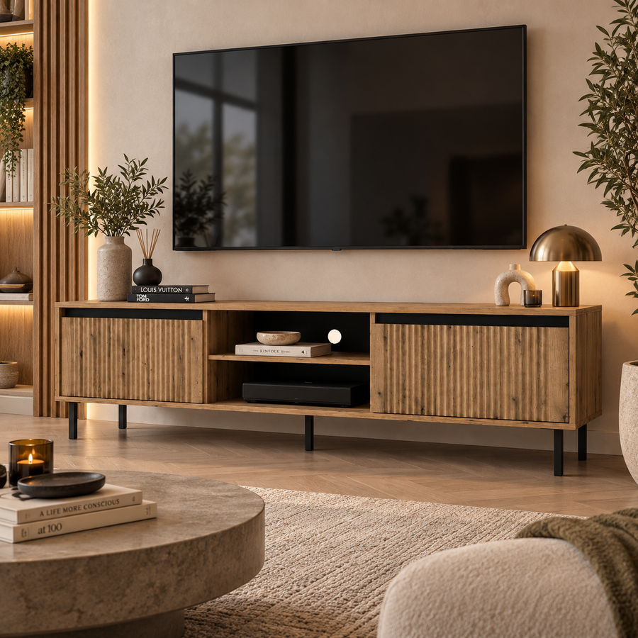 Meuble TV SIENA 2 tiroirs et niche 179 cm – Chêne naturel – studio nuveria