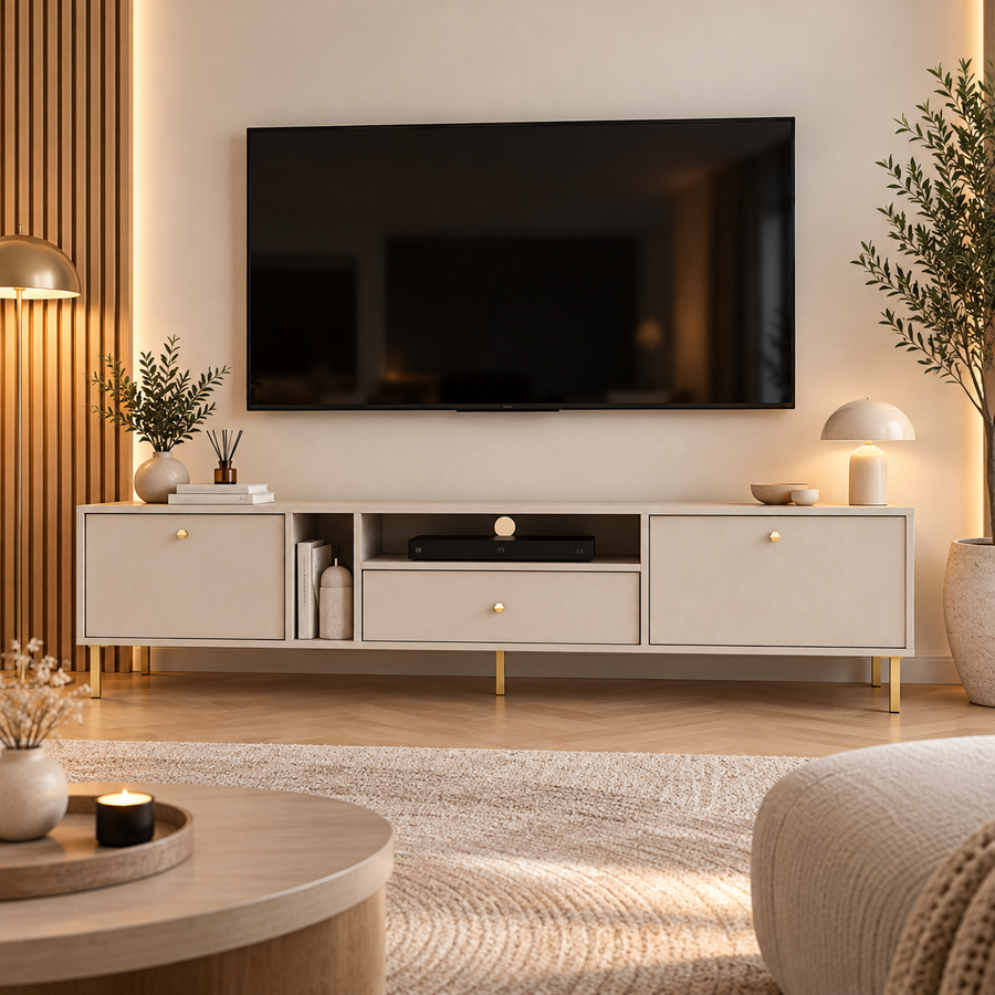 Meuble TV MODENA 2 portes 1 tiroir 180 cm – Beige sable – studio nuveria