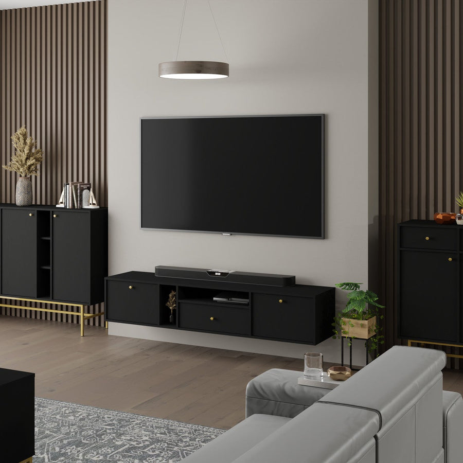 Meuble TV suspendu SORA 2 portes 1 tiroir 180 cm – Noir graphite – studio nuveria