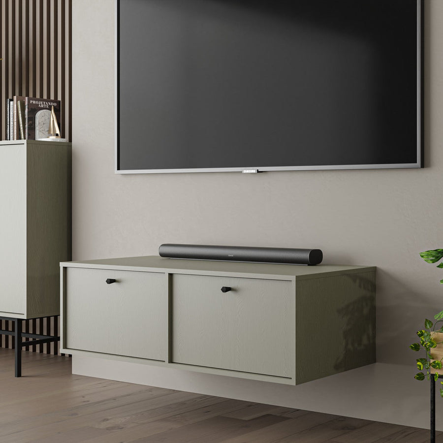 Meuble TV suspendu SORA 2 portes 120 cm – Vert eucalyptus – studio nuveria