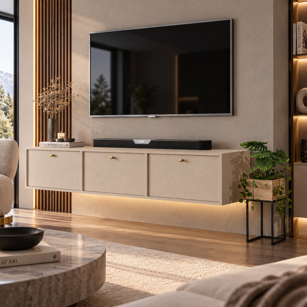 Meuble TV suspendu SORA 3 portes 180 cm – Beige sable – studio nuveria