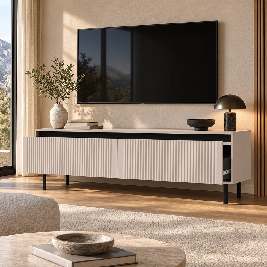 Meuble TV SIENA 2 tiroirs 140 cm – Beige sable – studio nuveria