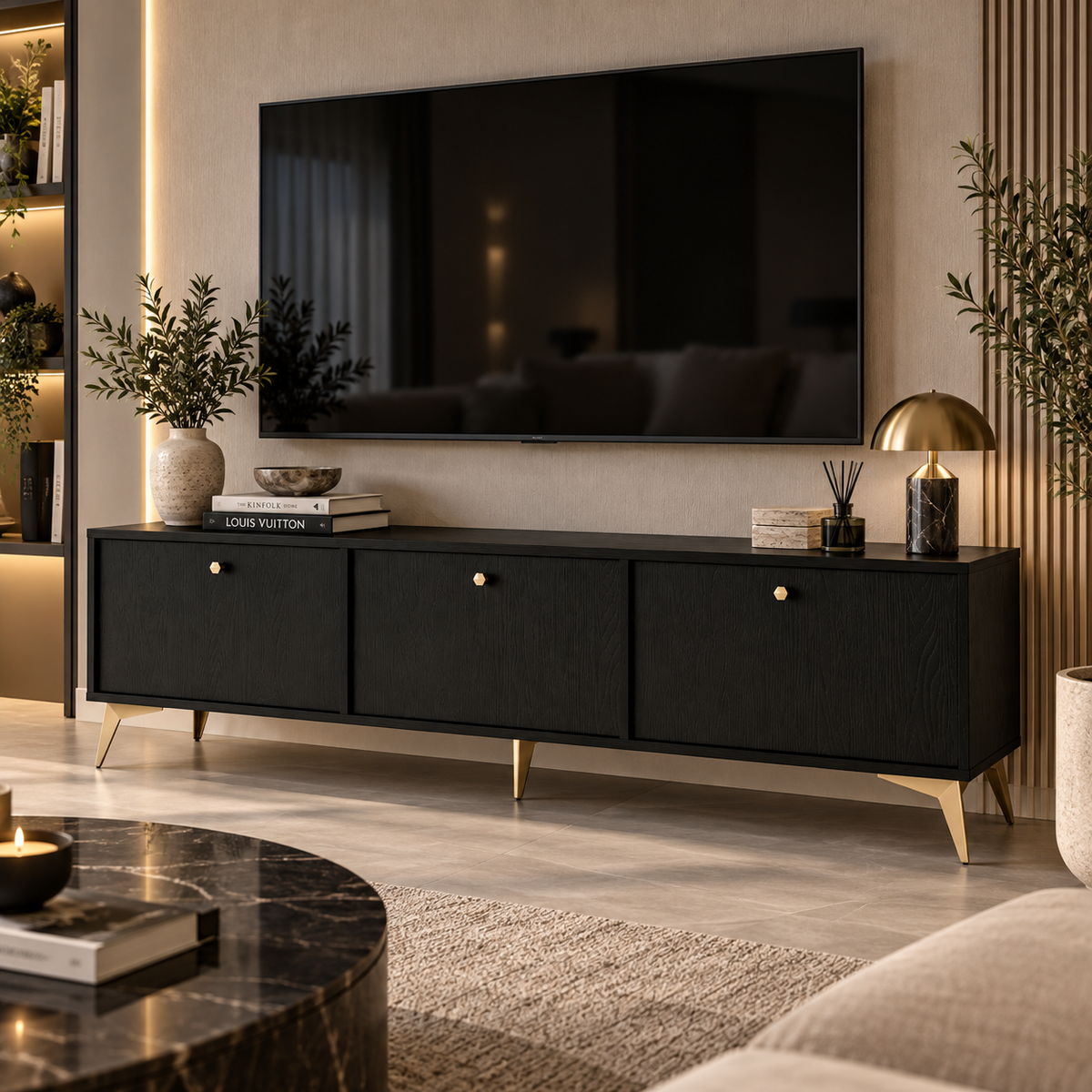 Meuble TV LUCCA 3 portes 180 cm – Noir graphite – studio nuveria