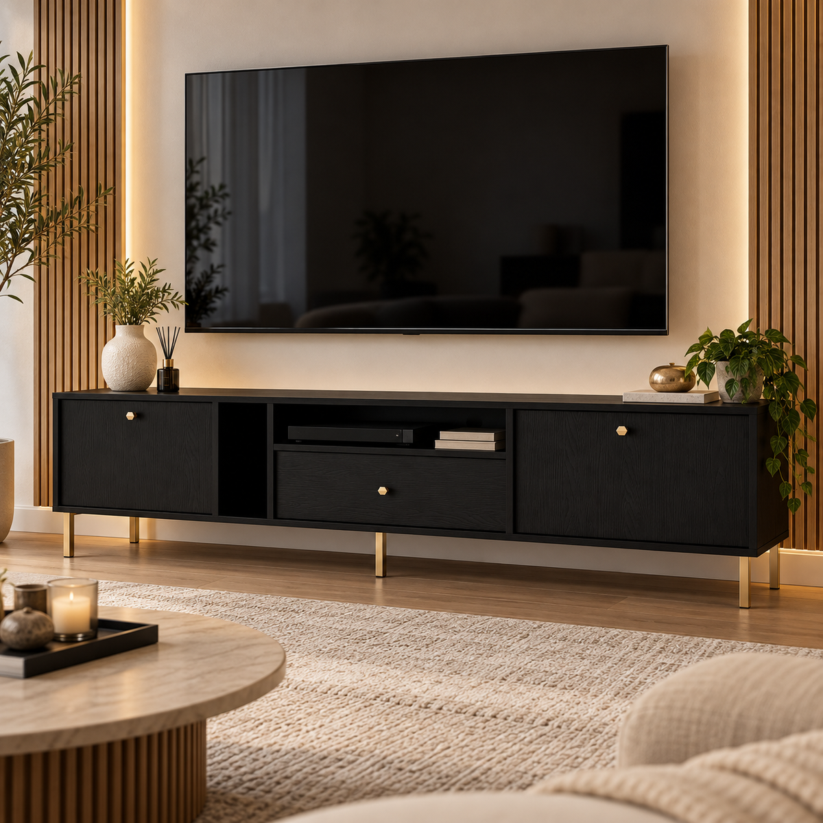 Meuble TV MODENA 2 portes 1 tiroir 180 cm – Noir graphite – studio nuveria