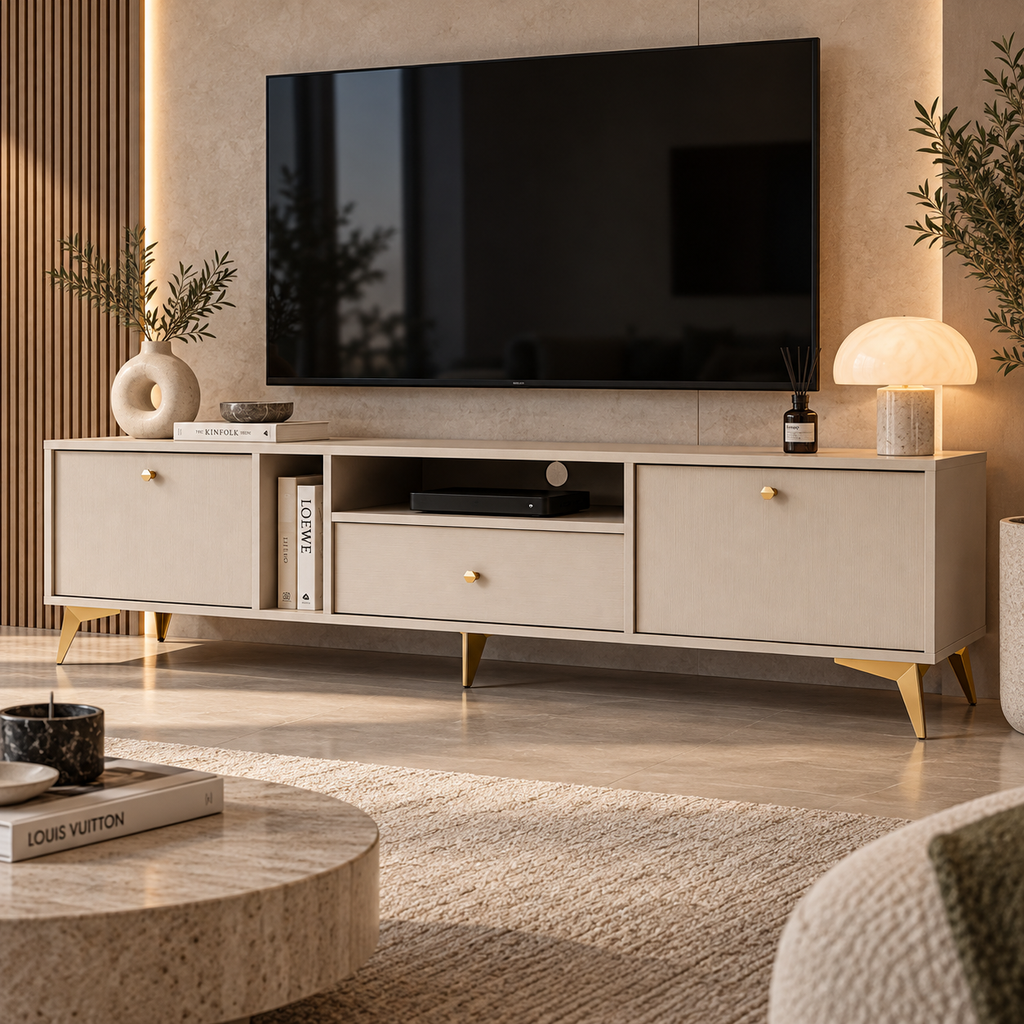 Meuble TV LUCCA 2 portes 1 tiroir 180 cm – Beige sable – studio nuveria