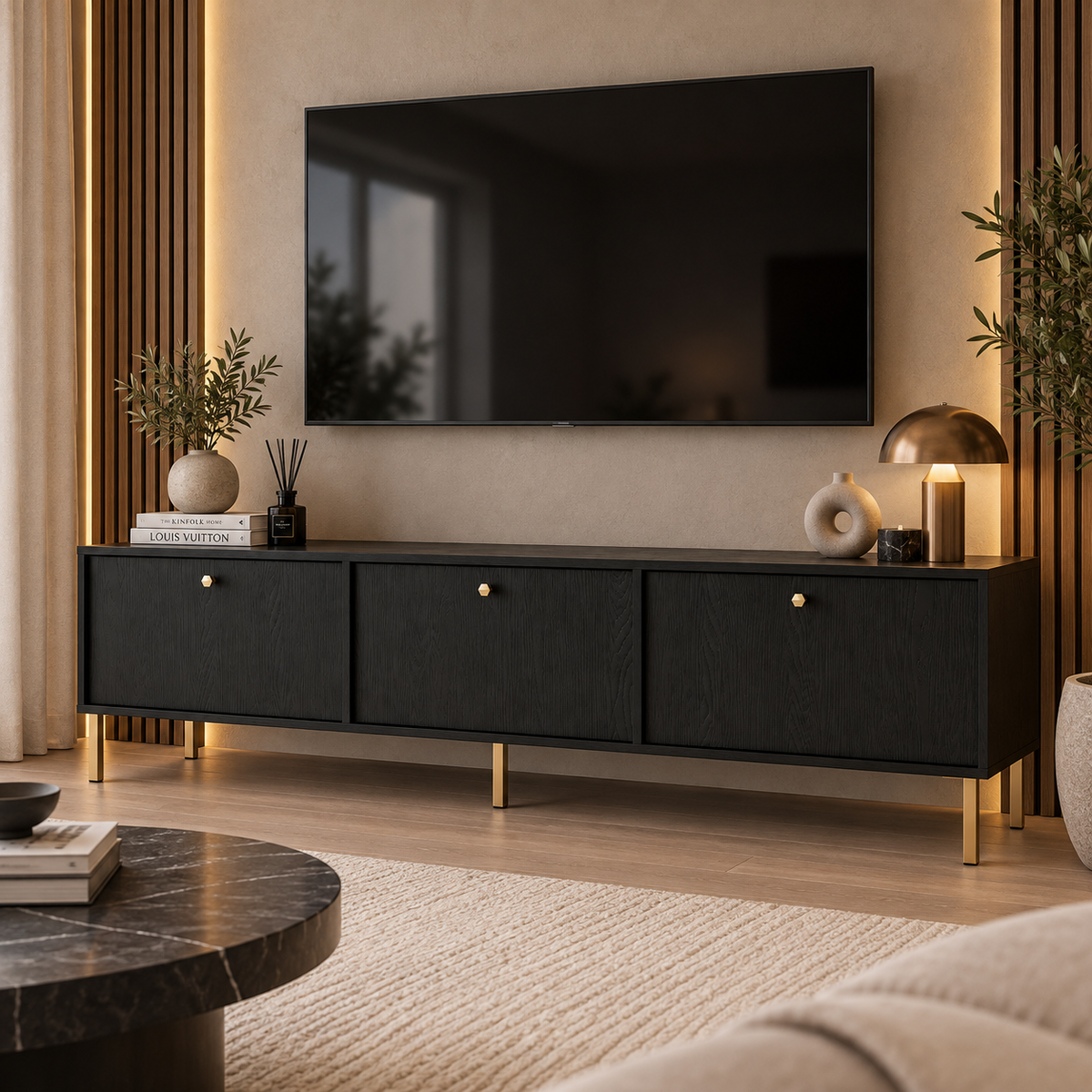 Meuble TV MODENA 3 portes 180 cm – Noir graphite – studio nuveria