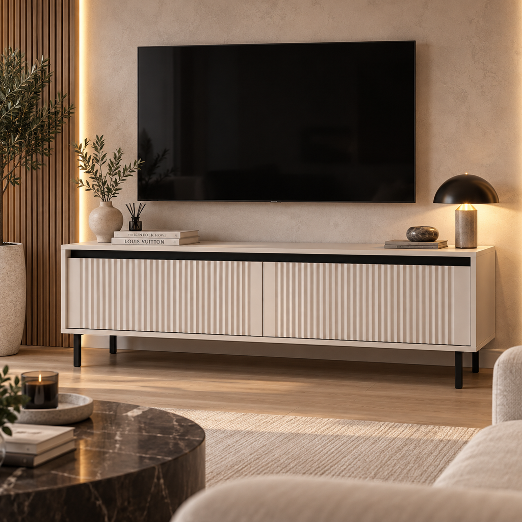 Meuble TV SIENA 2 tiroirs 140 cm – Beige sable – studio nuveria