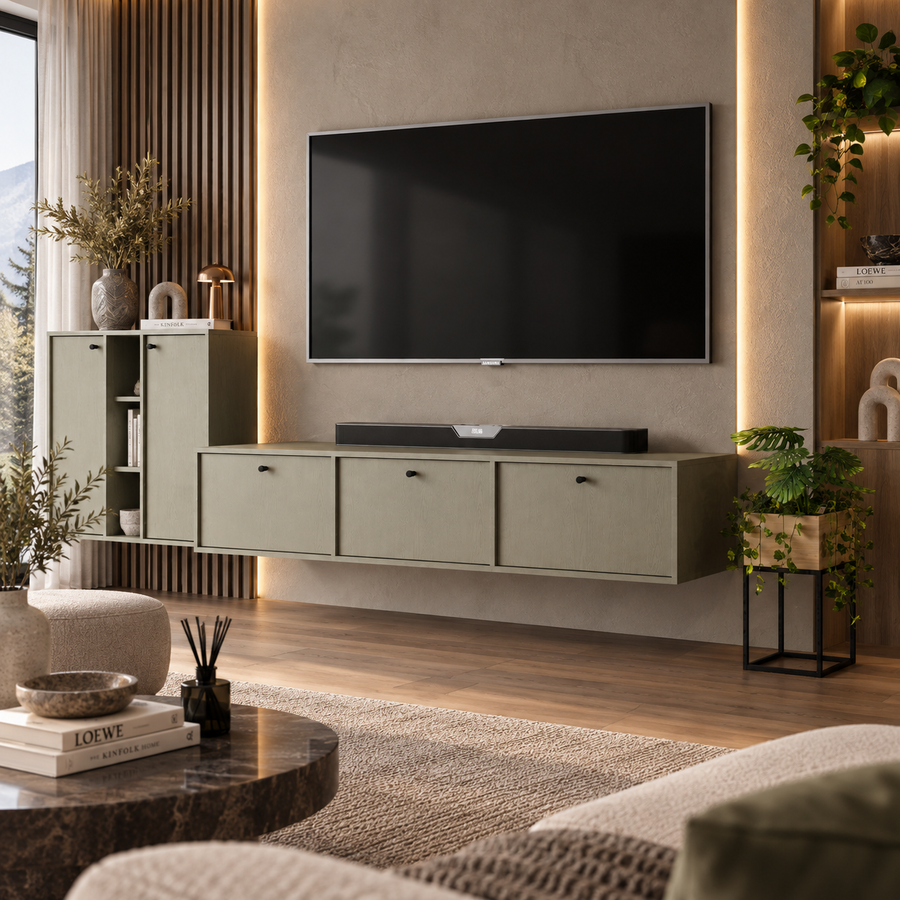 Meuble TV suspendu SORA 3 portes 180 cm – Vert eucalyptus – studio nuveria