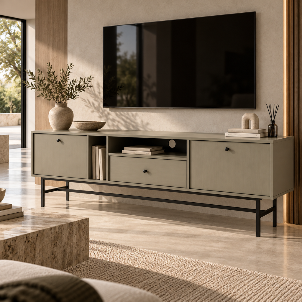 Meuble TV VERONA 2 portes 1 tiroir 180 cm – Vert eucalyptus – studio nuveria