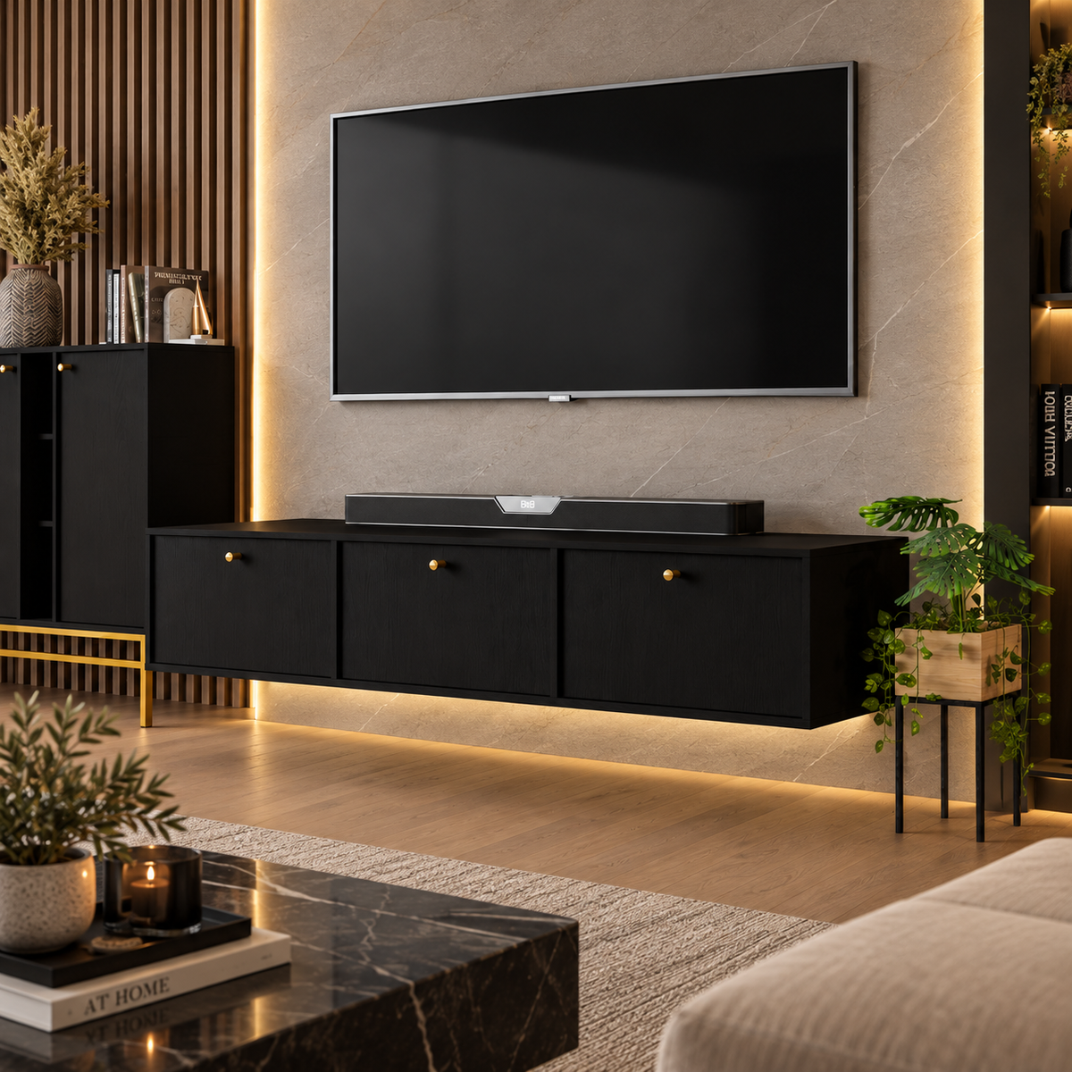 Meuble TV suspendu SORA 3 portes 180 cm – Noir graphite – studio nuveria