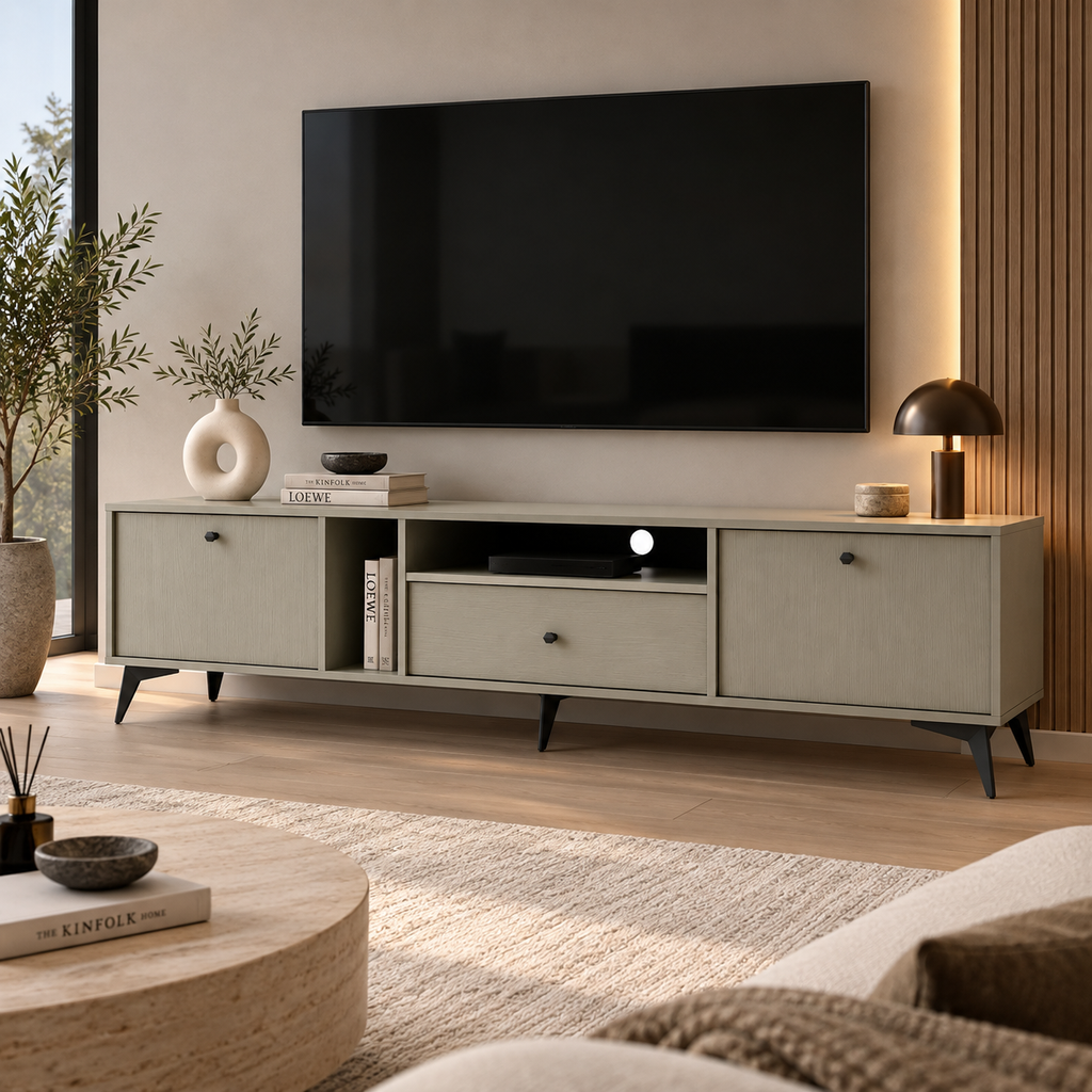 Meuble TV LUCCA 2 portes 1 tiroir 180 cm – Vert eucalyptus – studio nuveria