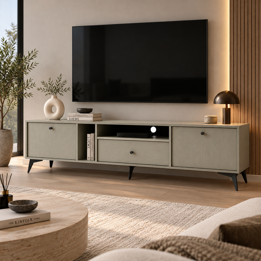Meuble TV LUCCA 2 portes 1 tiroir 180 cm – Vert eucalyptus – studio nuveria