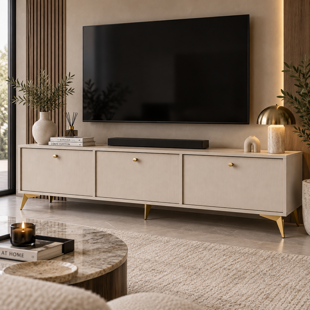 Meuble TV LUCCA 3 portes 180 cm – Beige sable – studio nuveria