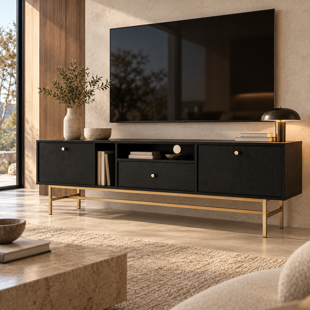 Meuble TV VERONA 2 portes 1 tiroir 180 cm – Noir graphite – studio nuveria