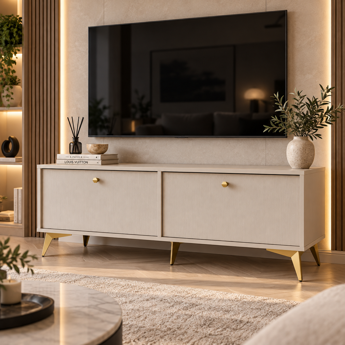 Meuble TV LUCCA 2 portes 120 cm – Beige sable – studio nuveria