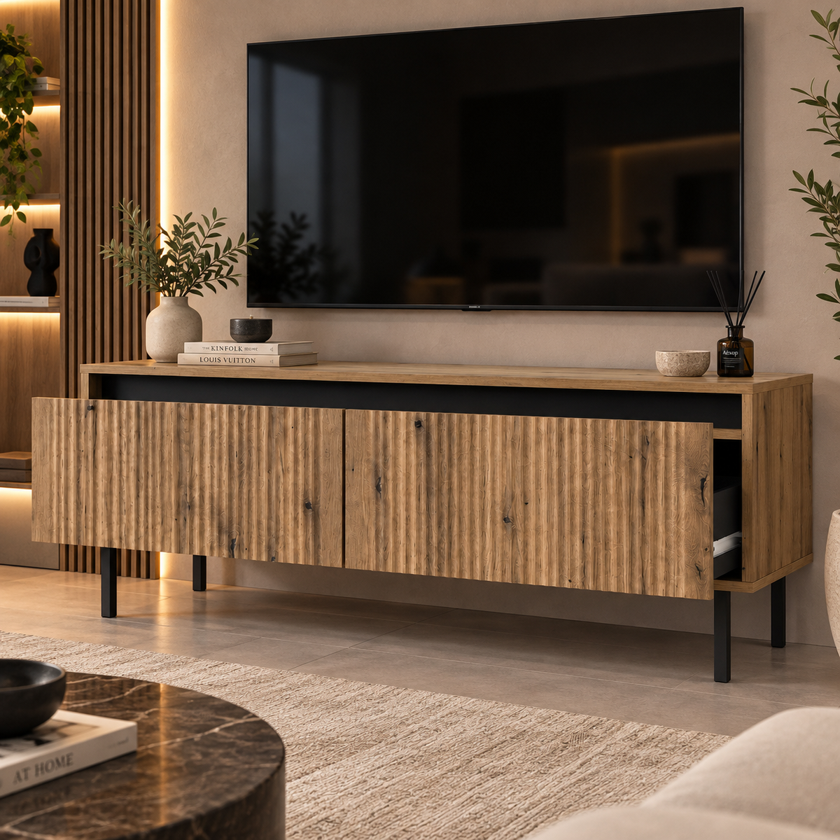 Meuble TV SIENA 2 tiroirs 140 cm – Chêne naturel – studio nuveria