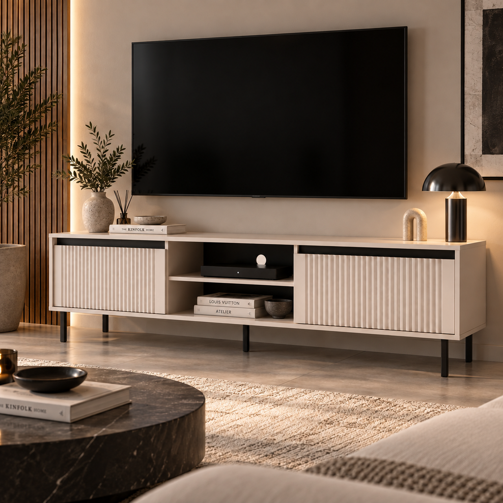 Meuble TV SIENA 2 tiroirs et niche 179 cm – Beige sable – studio nuveria