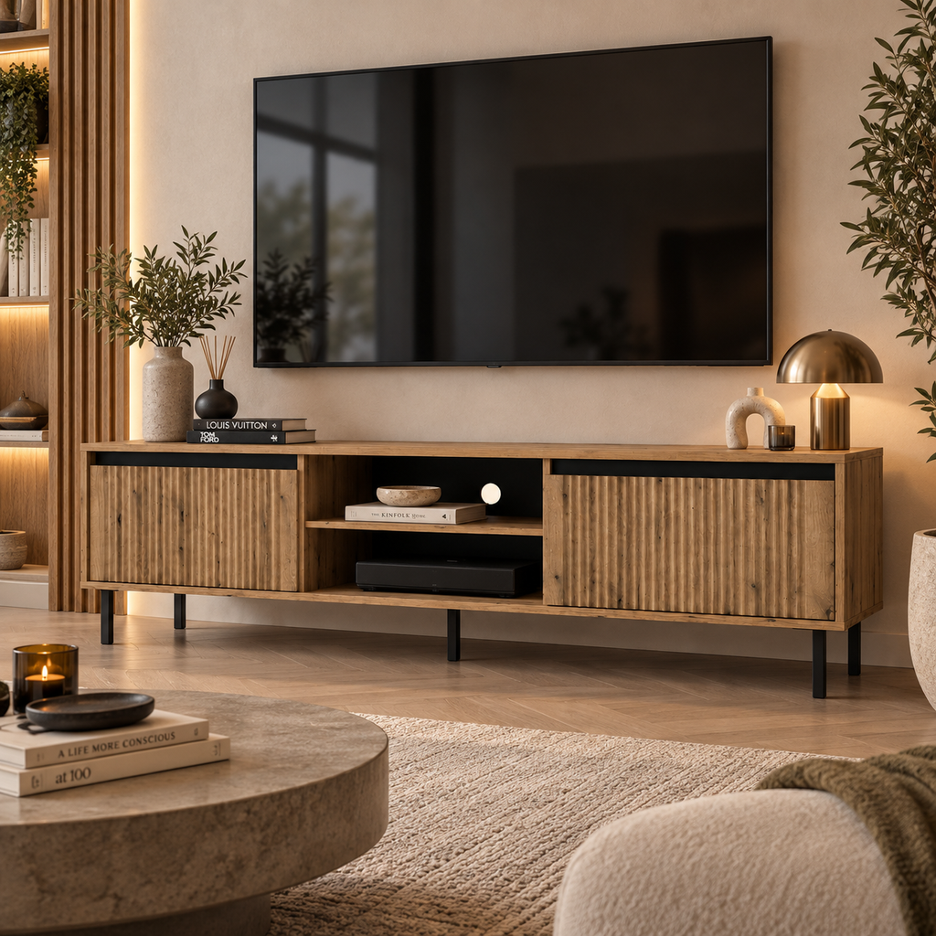 Meuble TV SIENA 2 tiroirs et niche 179 cm – Chêne naturel – studio nuveria