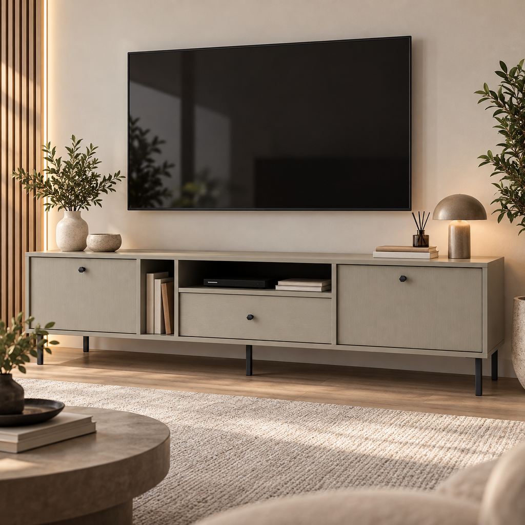 Meuble TV MODENA 2 portes 1 tiroir 180 cm – Vert eucalyptus – studio nuveria