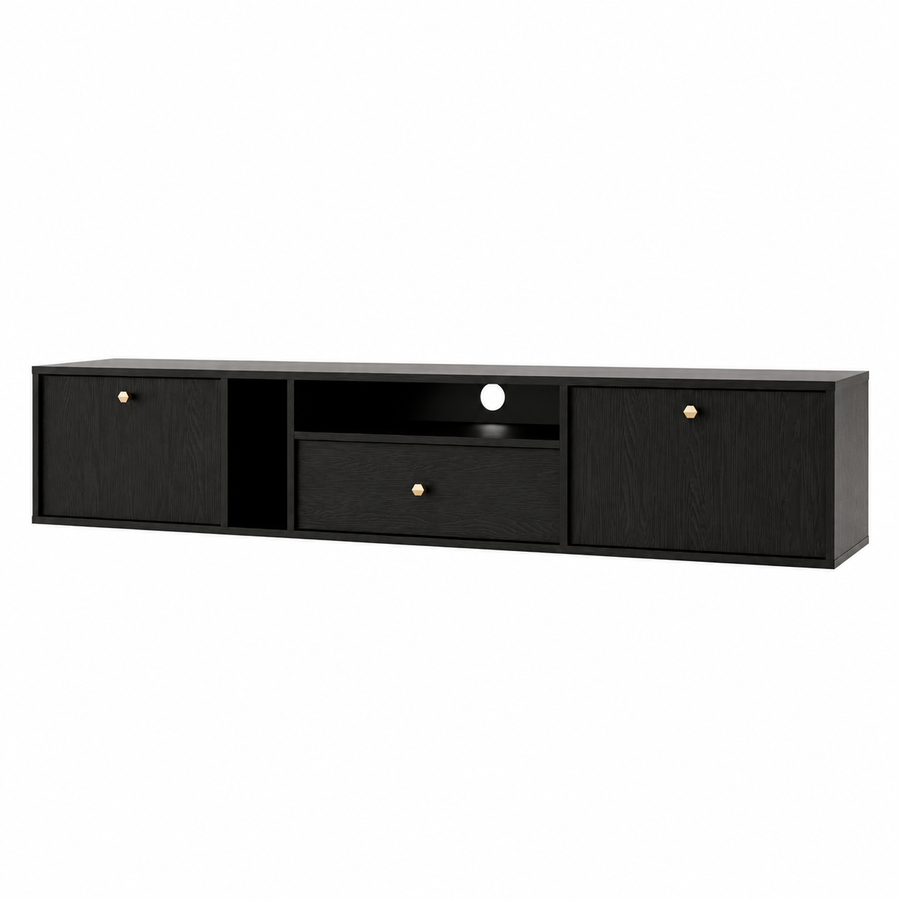 Meuble TV suspendu SORA 2 portes 1 tiroir 180 cm – Noir graphite – studio nuveria