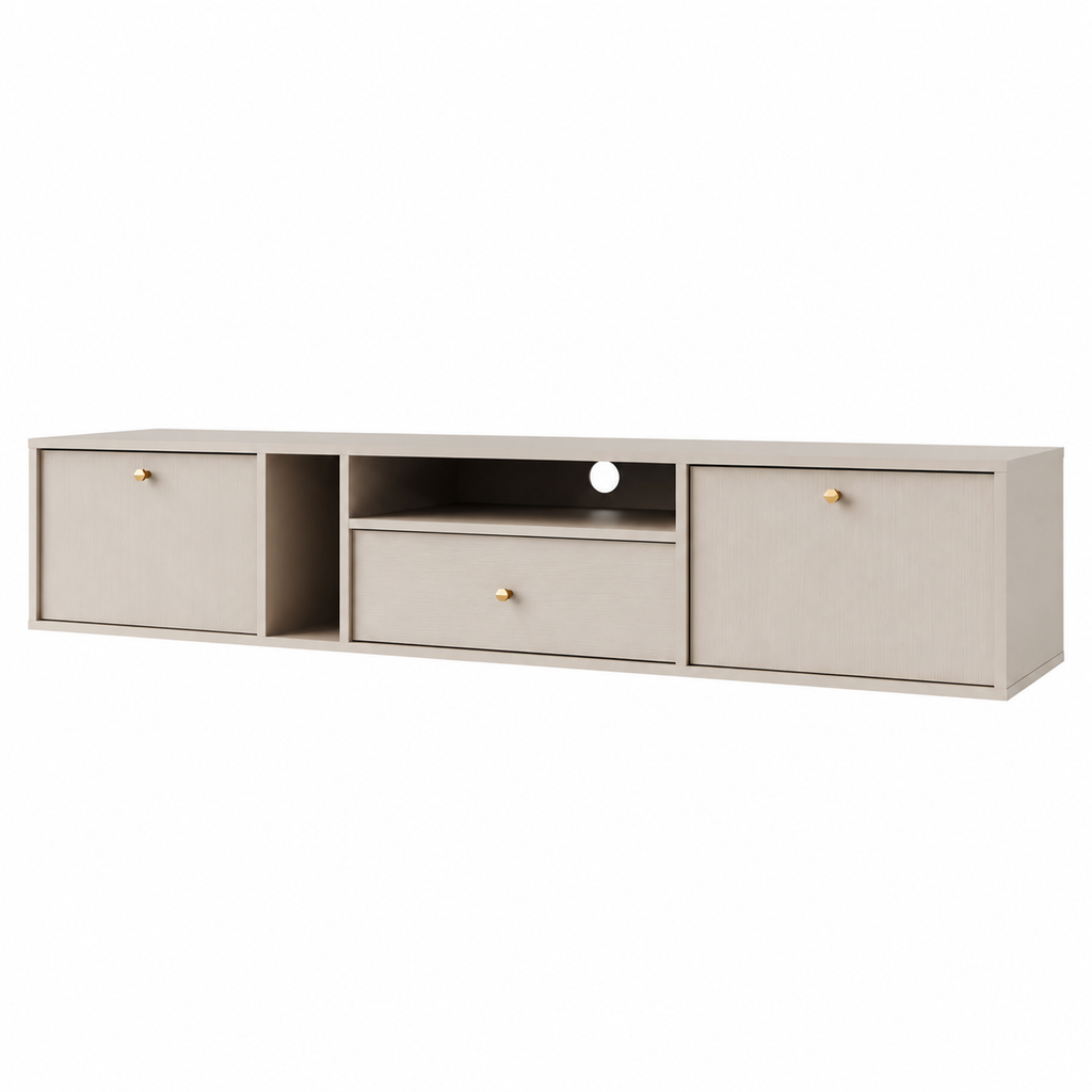 Meuble TV suspendu SORA 2 portes 1 tiroir 180 cm – Beige sable – studio nuveria