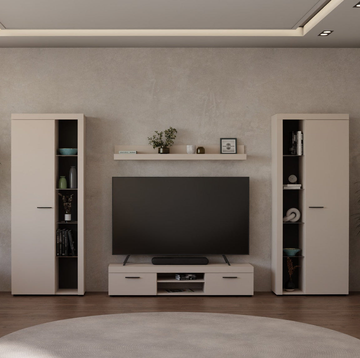 Ensemble meuble TV mural BRERA 300 cm – Beige sable – studio nuveria