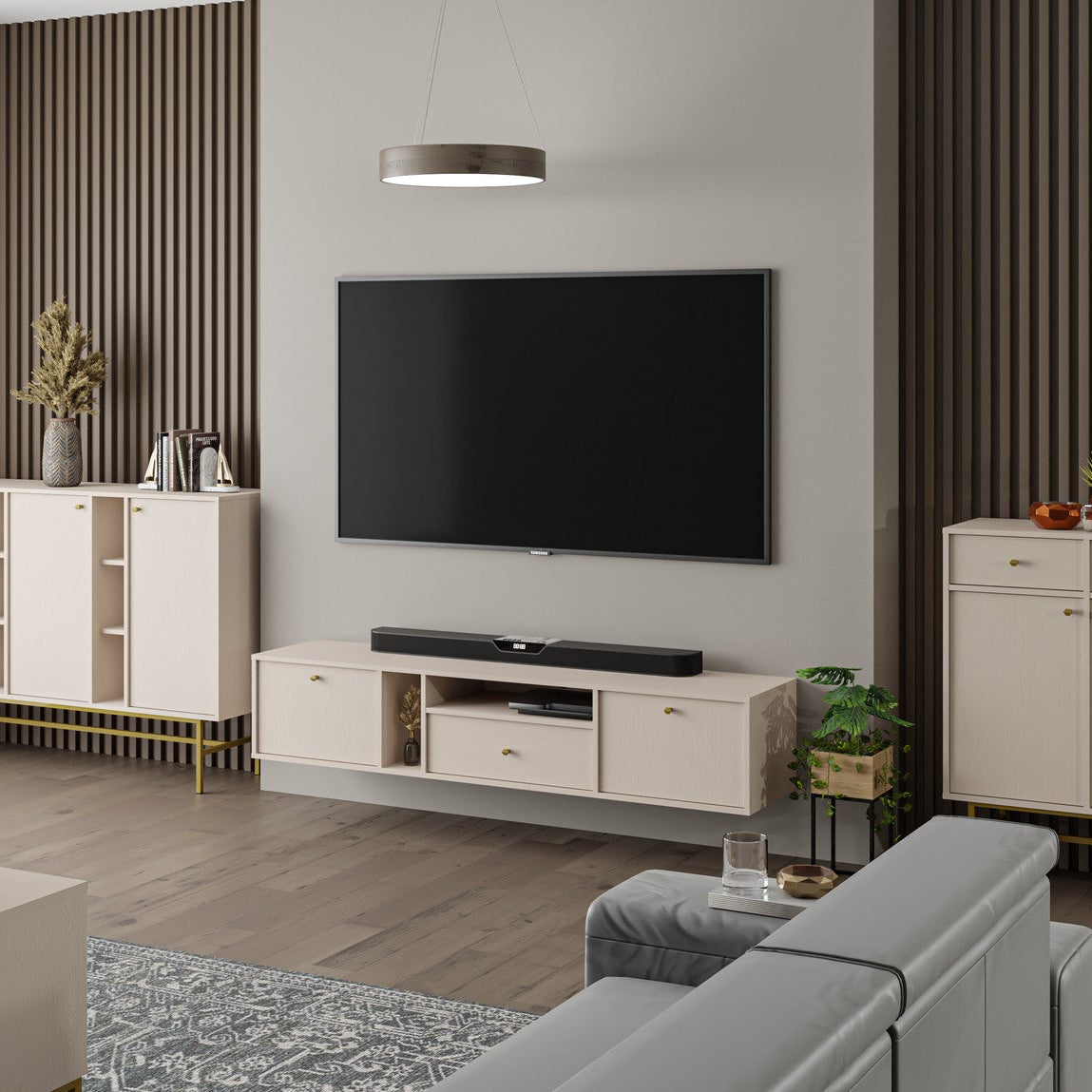 Meuble TV suspendu SORA 2 portes 1 tiroir 180 cm – Beige sable – studio nuveria