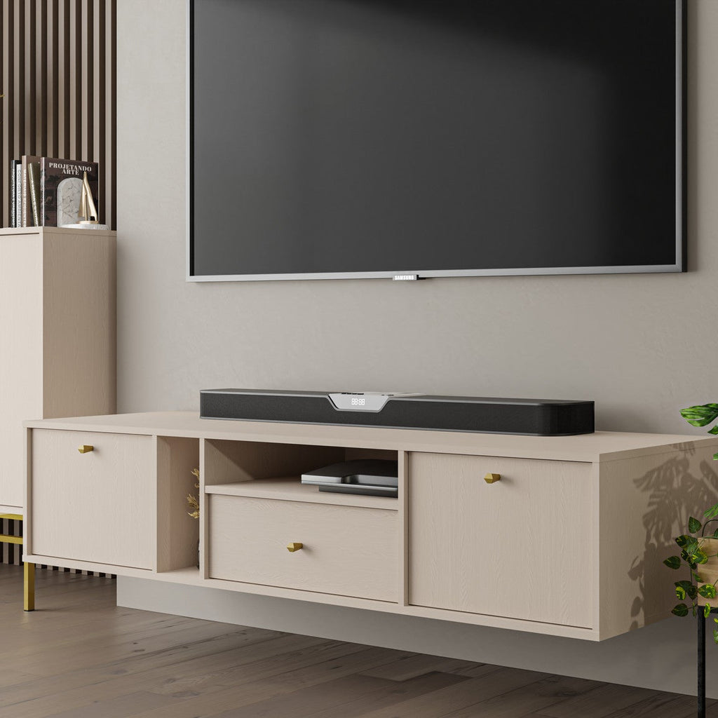 Meuble TV suspendu SORA 2 portes 1 tiroir 180 cm – Beige sable – studio nuveria