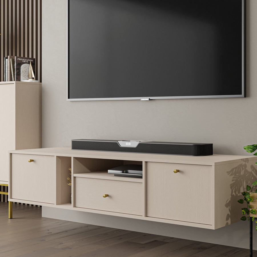 Meuble TV suspendu SORA 2 portes 1 tiroir 180 cm – Beige sable – studio nuveria