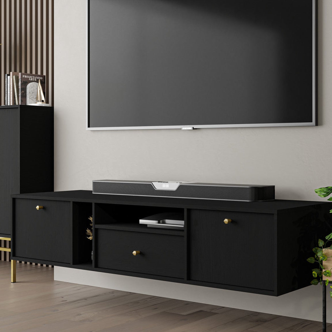Meuble TV suspendu SORA 2 portes 1 tiroir 180 cm – Noir graphite – studio nuveria