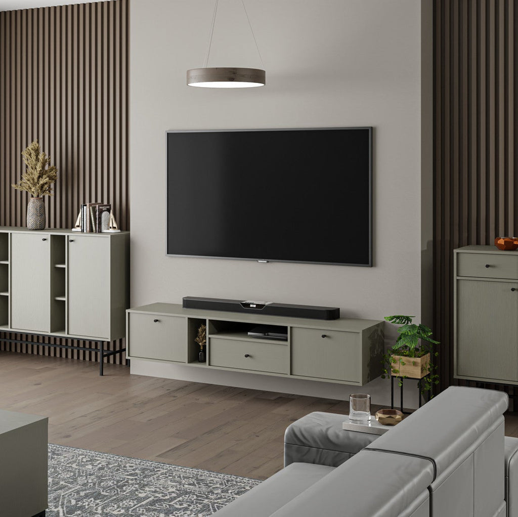 Meuble TV suspendu SORA 2 portes 1 tiroir 180 cm – Vert eucalyptus – studio nuveria