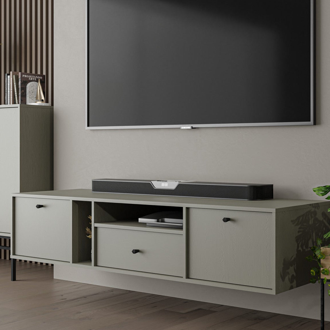 Meuble TV suspendu SORA 2 portes 1 tiroir 180 cm – Vert eucalyptus – studio nuveria