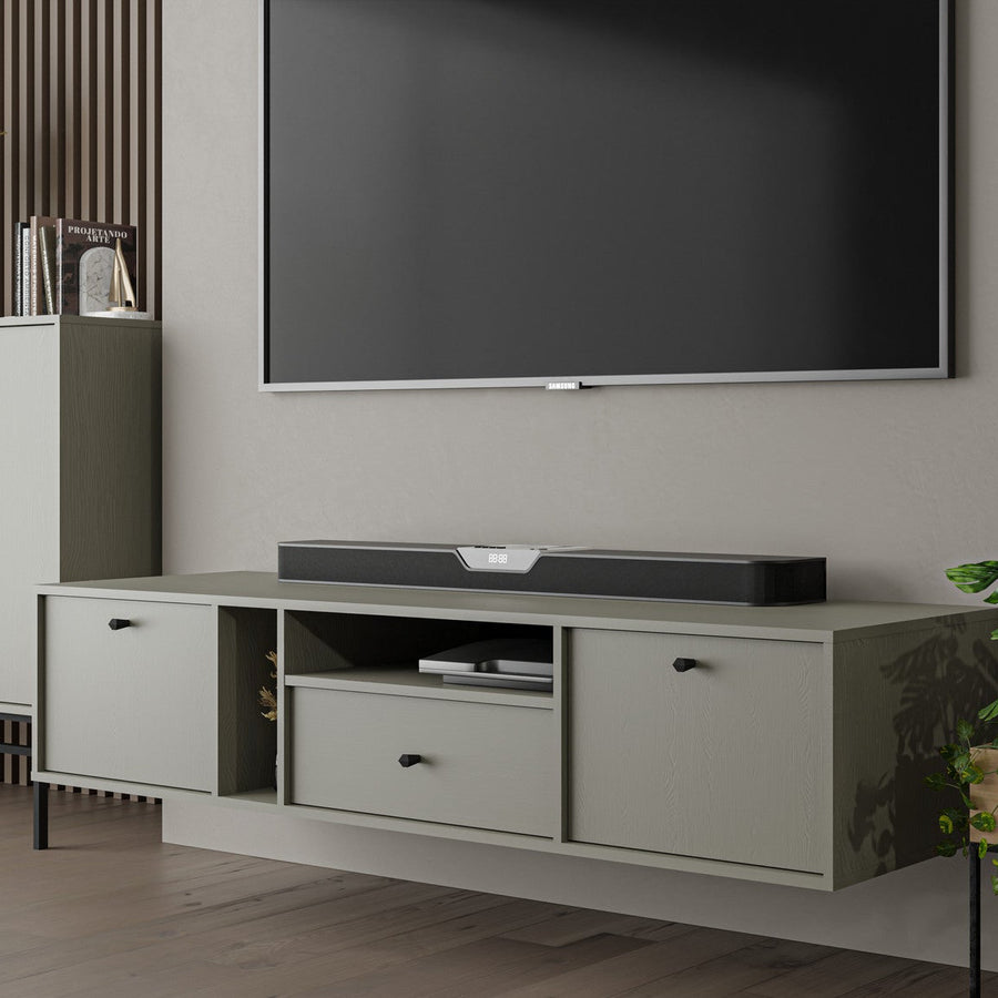 Meuble TV suspendu SORA 2 portes 1 tiroir 180 cm – Vert eucalyptus – studio nuveria