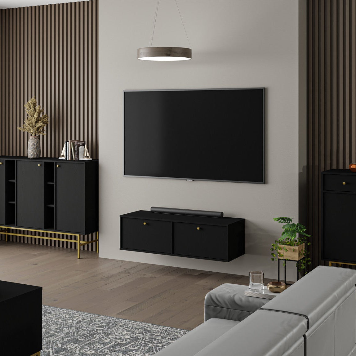 Meuble TV suspendu SORA 2 portes 120 cm – Noir graphite – studio nuveria