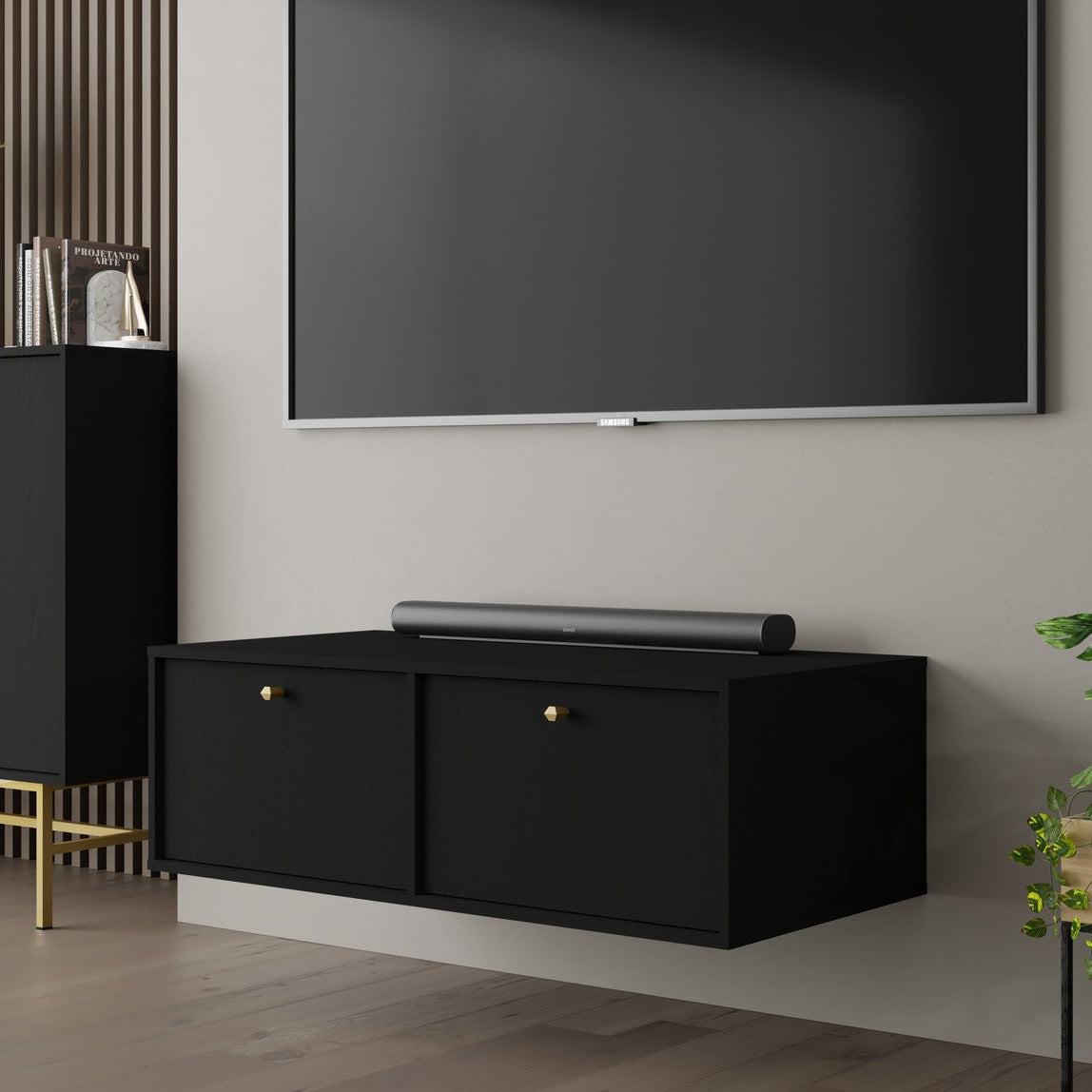 Meuble TV suspendu SORA 2 portes 120 cm – Noir graphite – studio nuveria