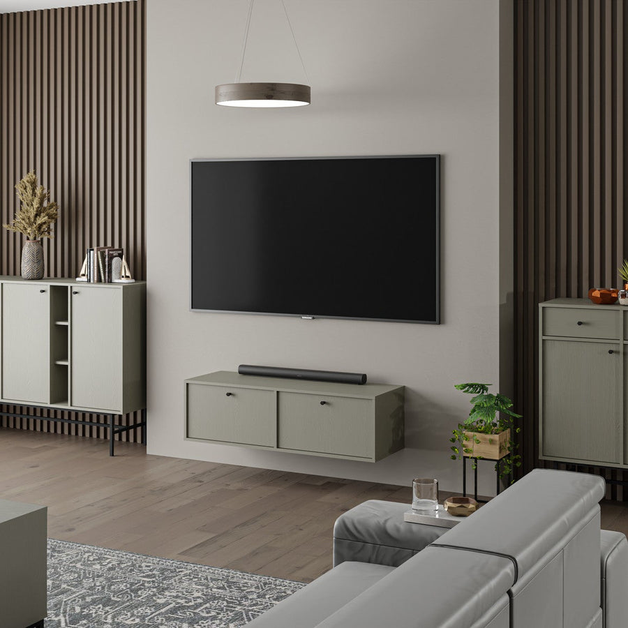 Meuble TV suspendu SORA 2 portes 120 cm – Vert eucalyptus – studio nuveria